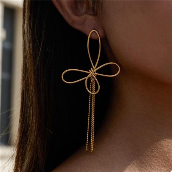 18K Gold-Plated Tassel Bow Earrings - Picture 4 of 7